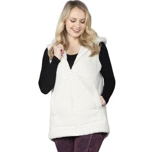 Womens Soft Sherpa Fleece Hooded Zip Front Vest Cardigan High Low Hem w/ Pockets